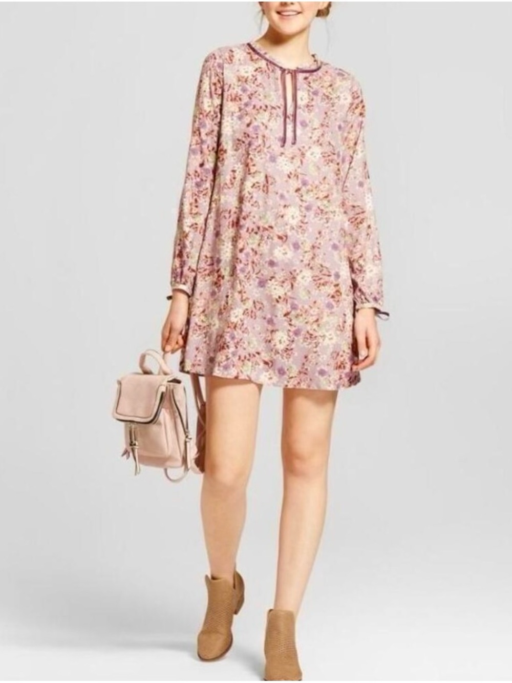 Lavender Floral Tie-Neck babydoll shift Dress - Picture 2 of 16